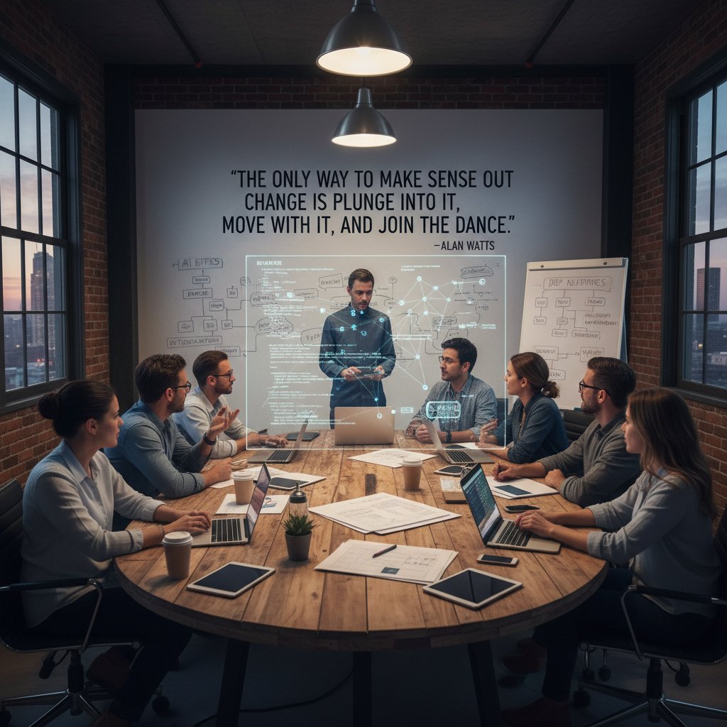 Zdjęcie sali konferencyjnej, startupowców pracujących nad wdrożeniem AI, tablica z filozoficzną sentencją o technologii