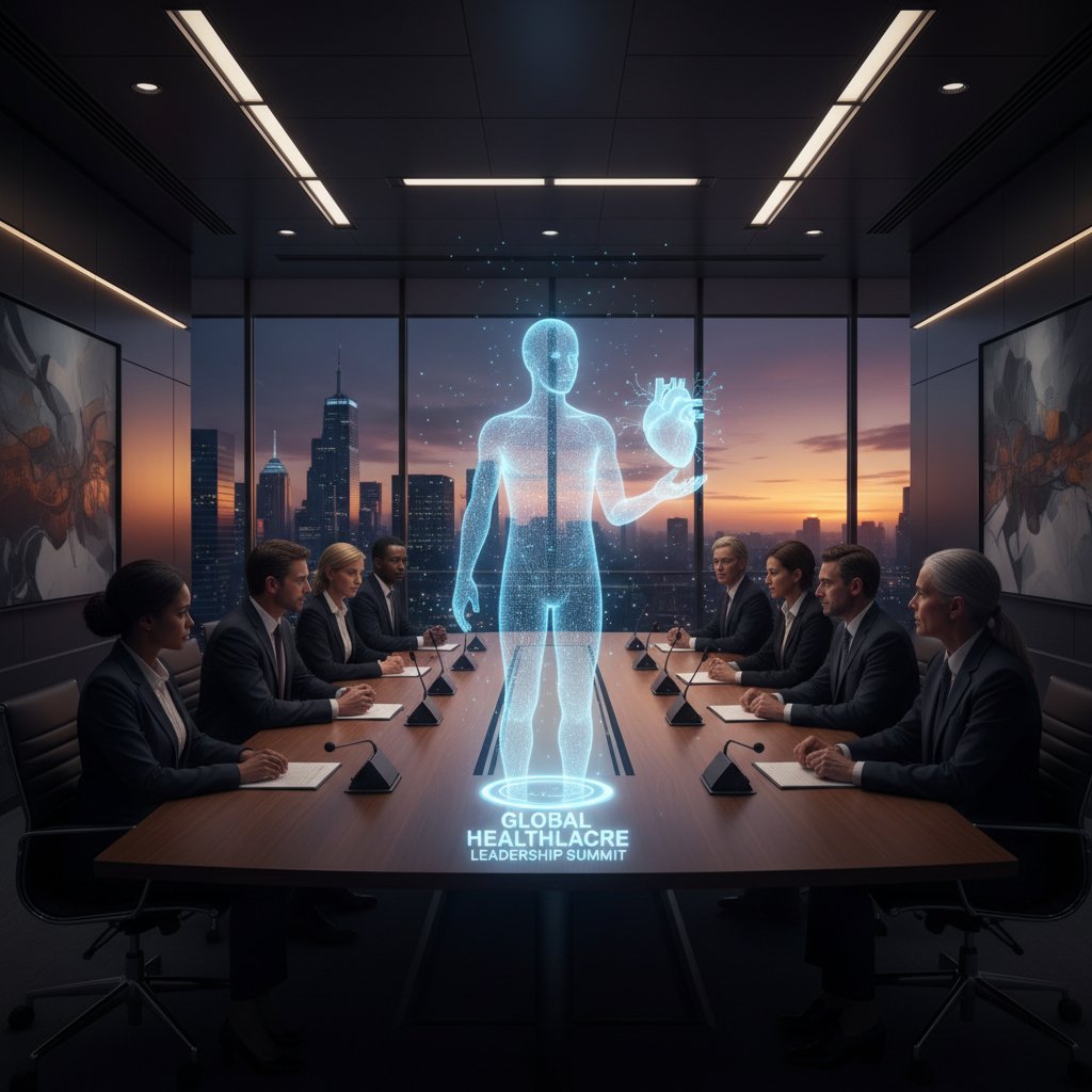 Conference table with digital and physical participants, dramatic lighting, healthcare leadership