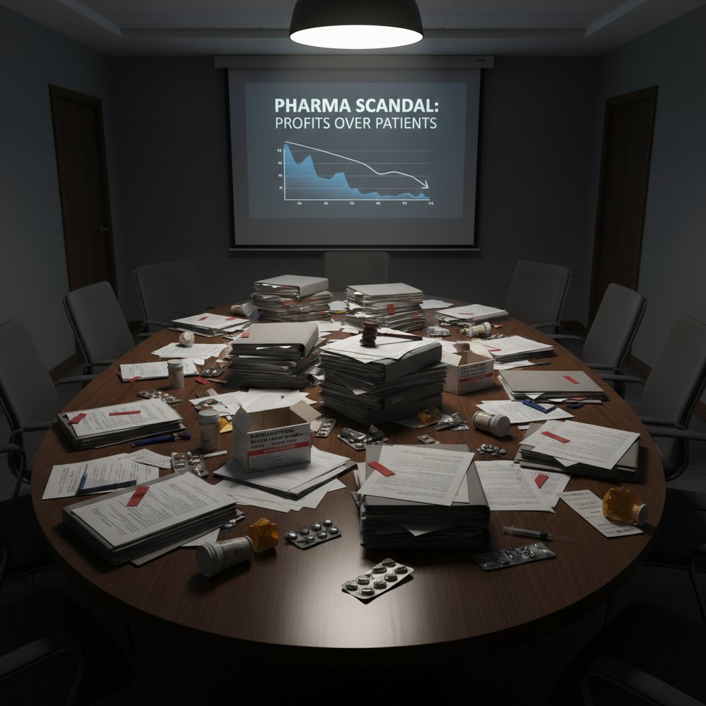 Stół konferencyjny, na którym leżą dokumenty i opakowania leków – ilustracja afery farmaceutycznej