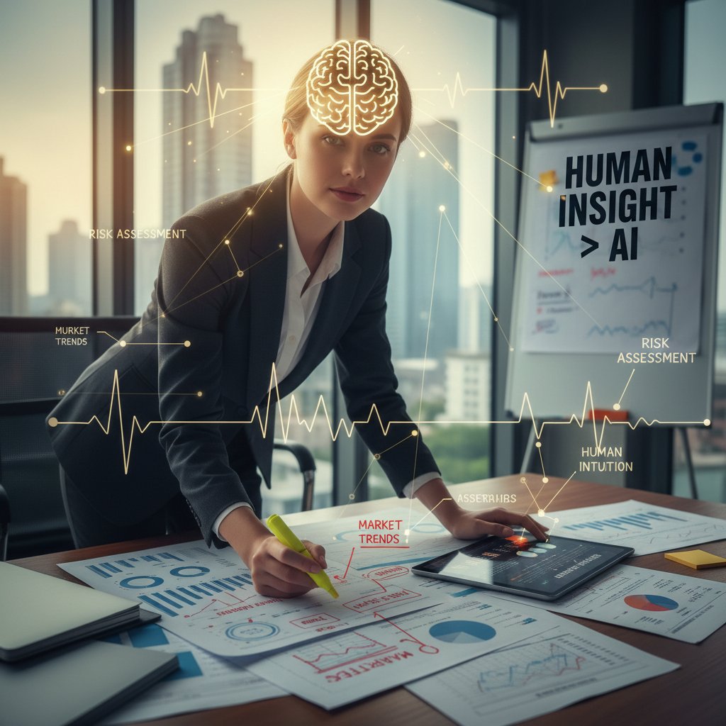 A confident analyst marking key passages with a highlighter, surrounded by annotated documents and a thoughtful expression, showing human discernment