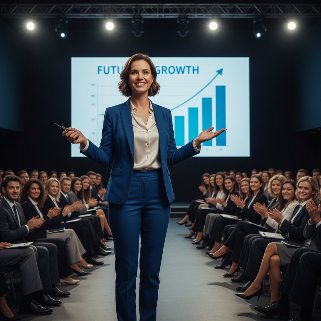 Osoba prowadząca prezentację, wyprostowana postawa, kontakt wzrokowy z publicznością