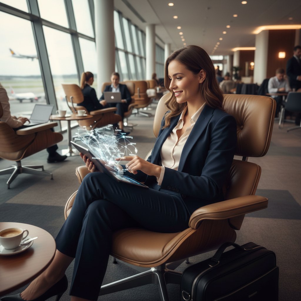 Confident traveler mapping multi city business journey on a tablet in an airport lounge