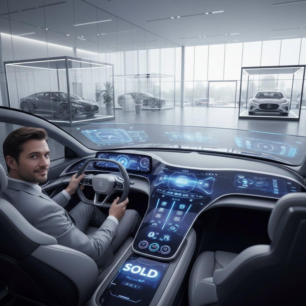 Buyer examining autonomous car dashboard at dealership