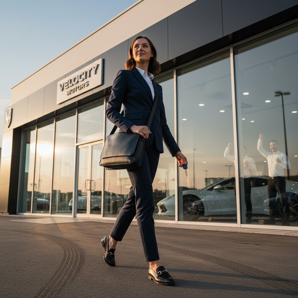 Confident car buyer walking away from sales desk at dealership