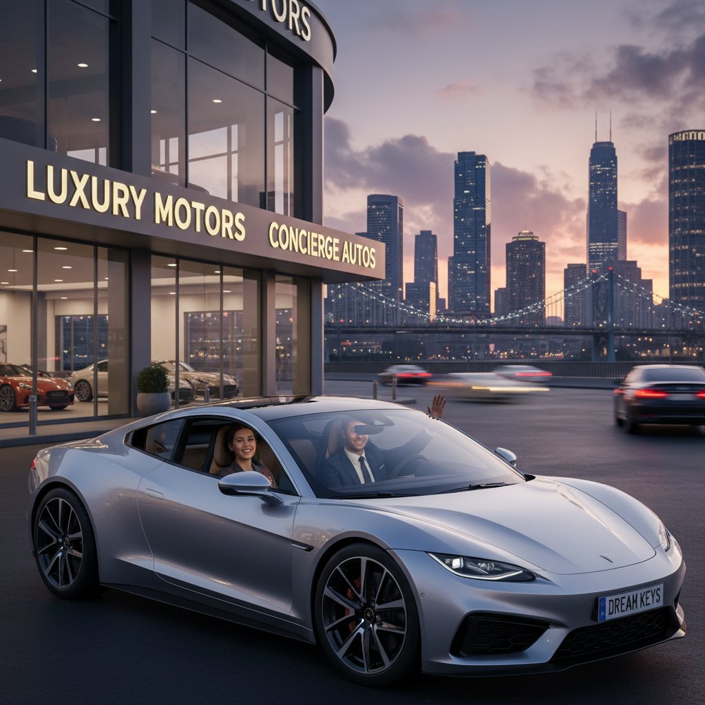 Editorial photo of a confident buyer driving away, cityscape at dusk, hopeful mood