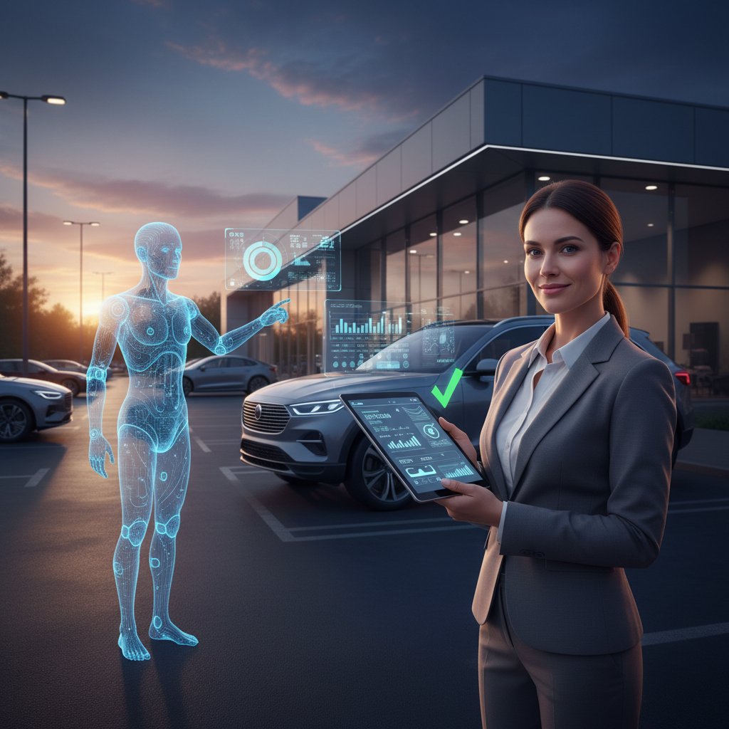 Confident car buyer shaking hands with AI avatar in a dealership at dusk
