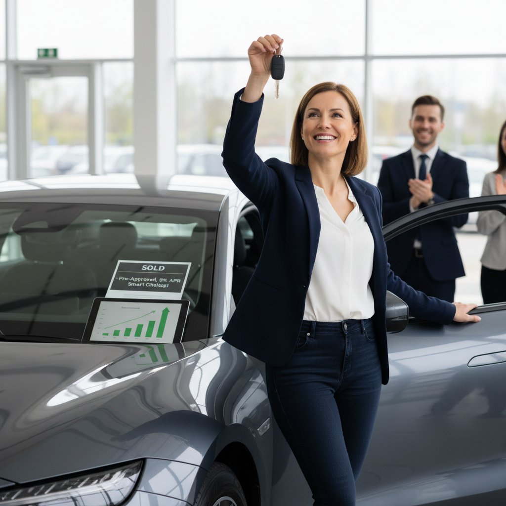 Confident car buyer celebrating after making rational decision