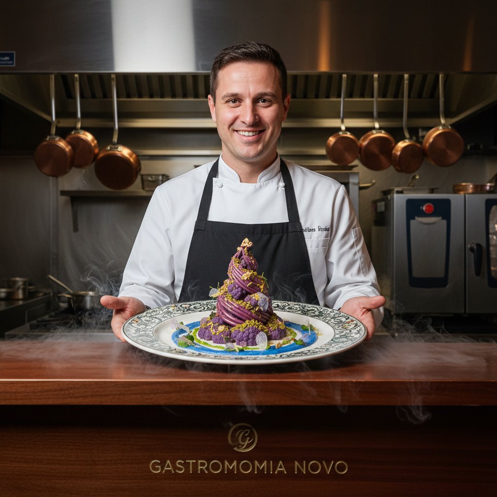 Pewny siebie kucharz prezentujący autorskie danie, wyraz twarzy pełen dumy, nowoczesna kuchnia