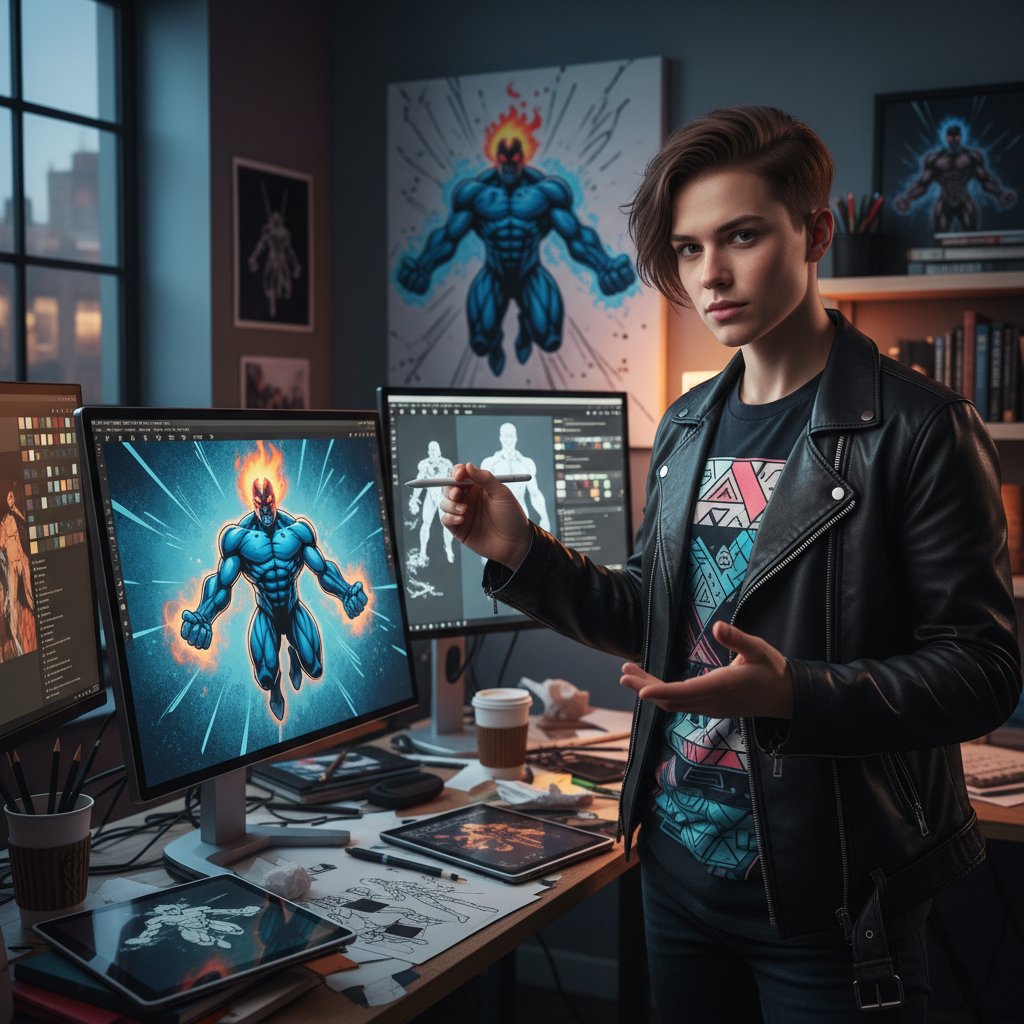 Portret polskiej artystki cyfrowej na tle jej projektów postaci, character design online case study