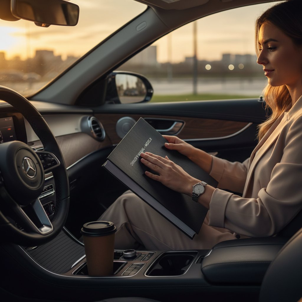 Confident driver closing car manual with subtle smile, interior shot, evening light, car manual empowerment