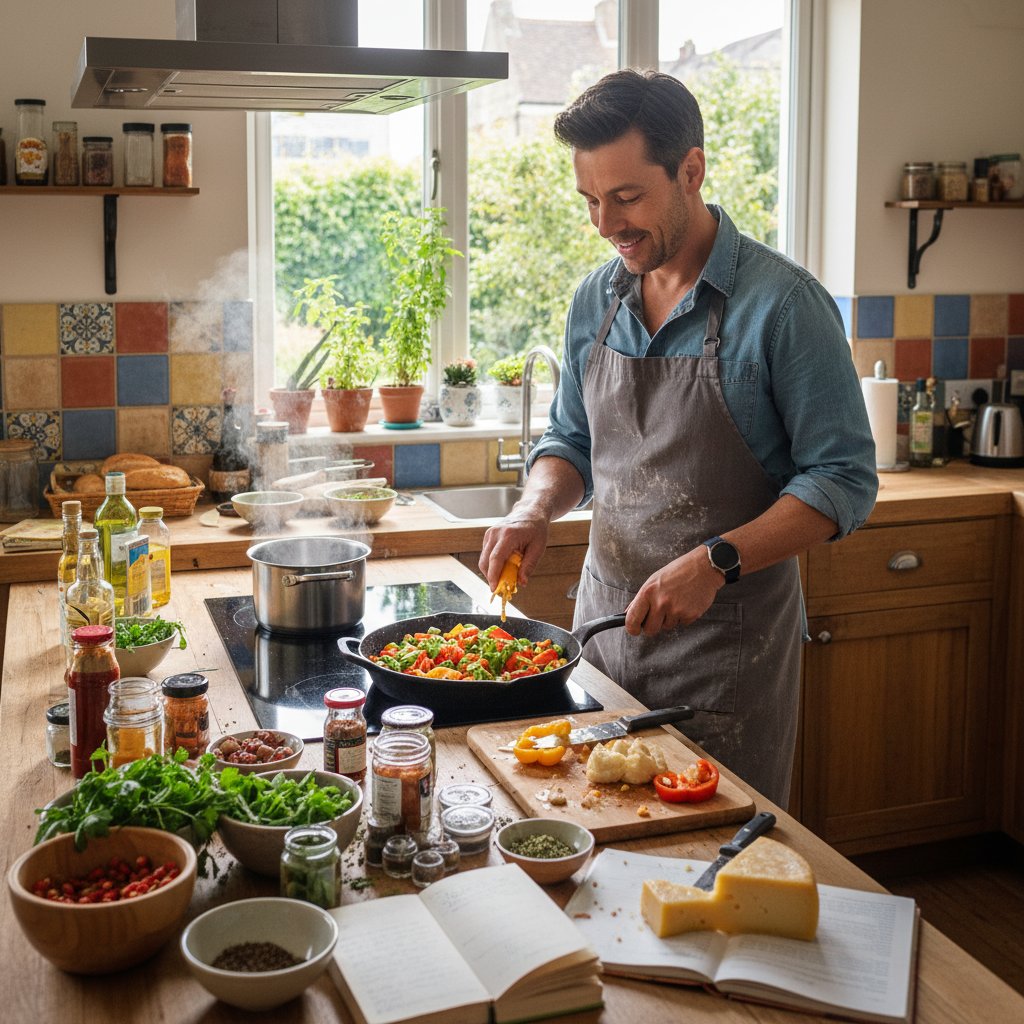 Pewny siebie kucharz amator tworzący autorskie danie, ekspresyjna twarz, domowa kuchnia