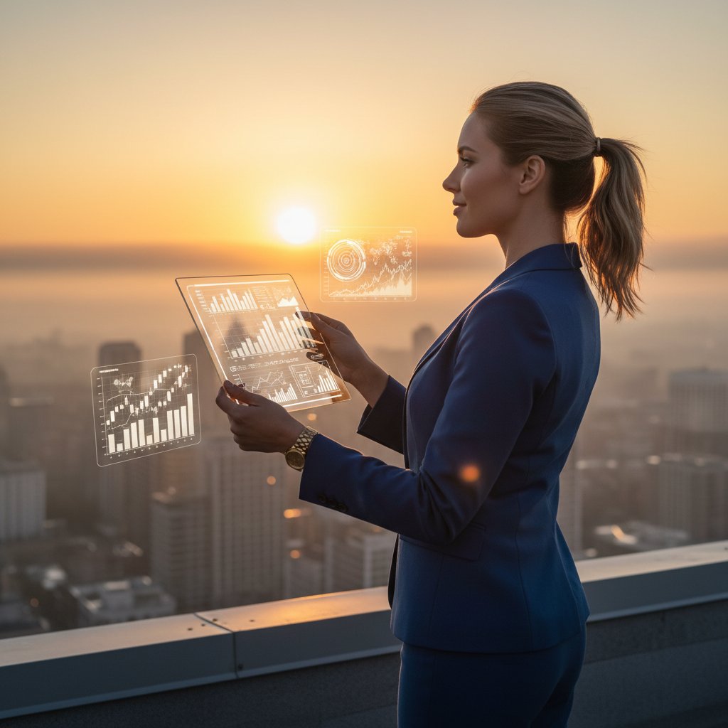 Pewny siebie inwestor analizujący wykresy, świt, optymistyczna atmosfera
