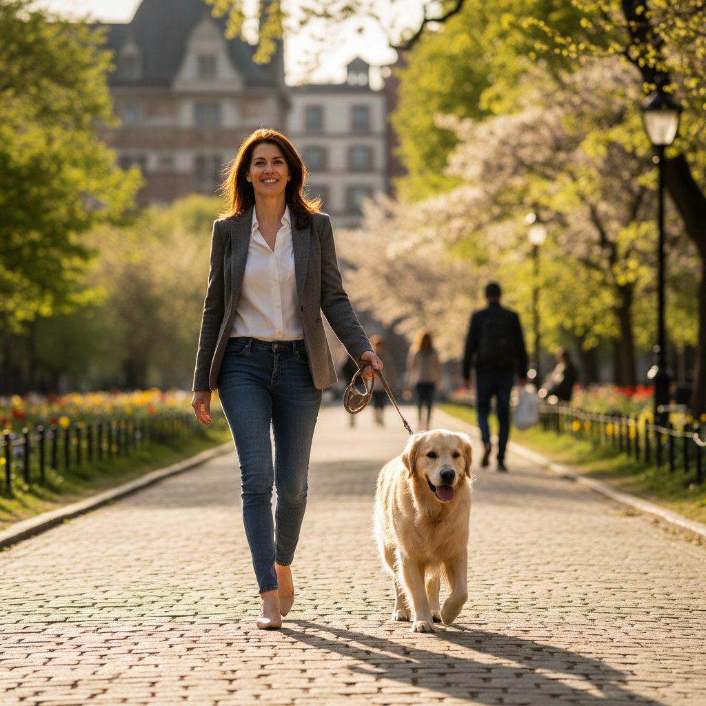 Pewny siebie opiekun spacerujący z psem po udanej interwencji, spokój i satysfakcja