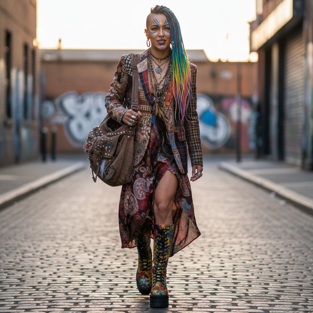 Uśmiechnięta osoba w odważnej stylizacji, pewna siebie i zrelaksowana – symbol wyzwolenia od modowych schematów