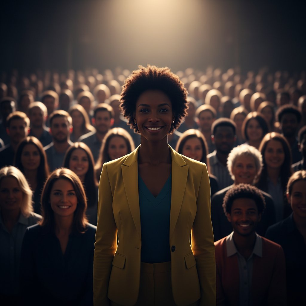 Osoba z przesadną pewnością siebie na tle tłumu, kontrast z autentyczną samooceną