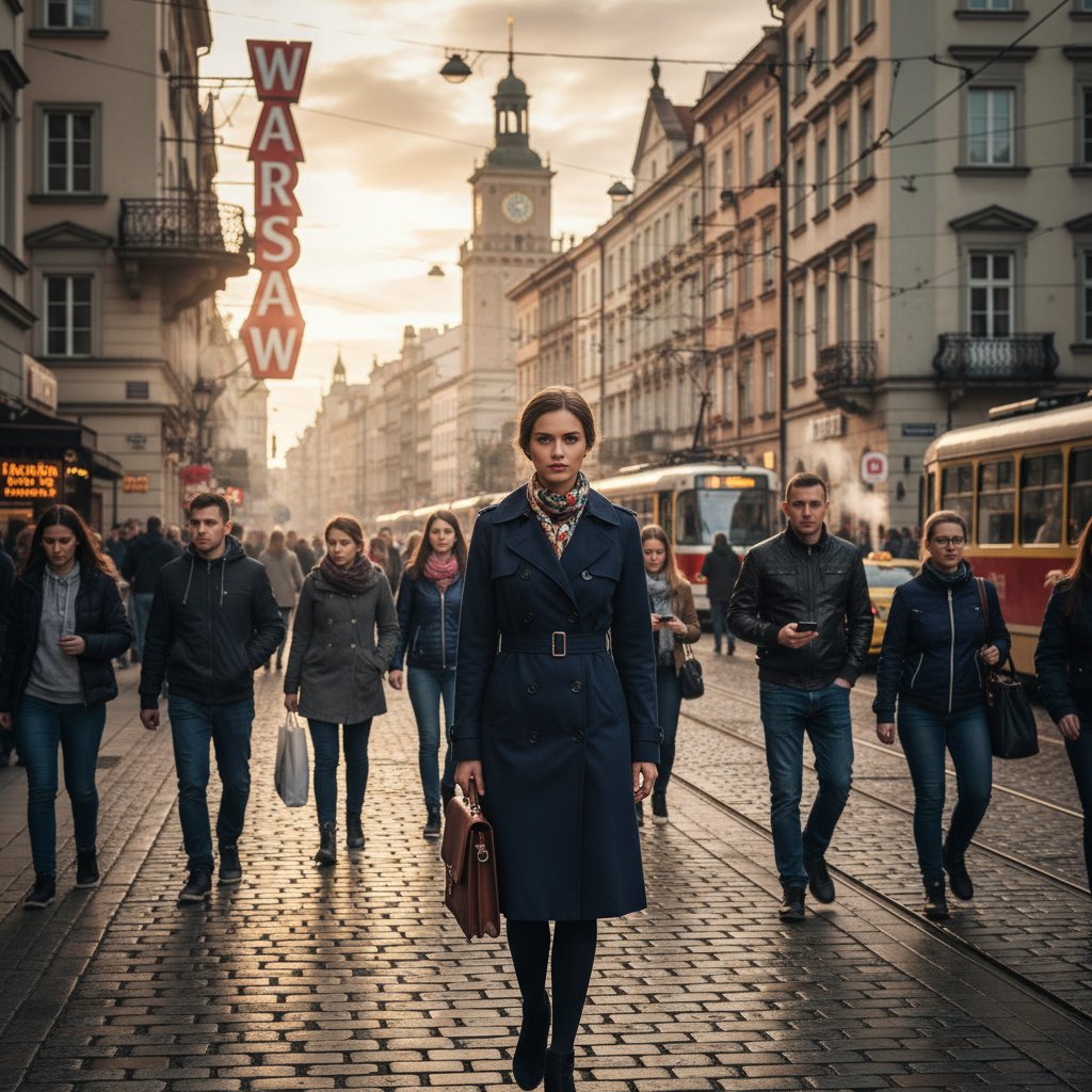 Grupa ludzi w biurze, jedna osoba wyraźnie odmawia, na tle typowo polskiego krajobrazu