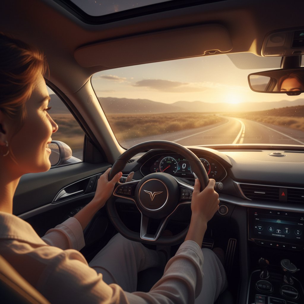 Confident person driving new car at sunset, hands on the wheel and smiling, symbolizing empowerment through informed car buying