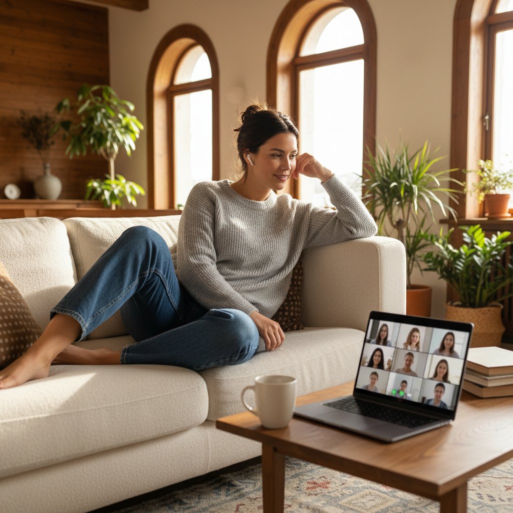 Osoba ćwicząca komunikację online w domowym zaciszu, wygląda na pewną siebie i zrelaksowaną