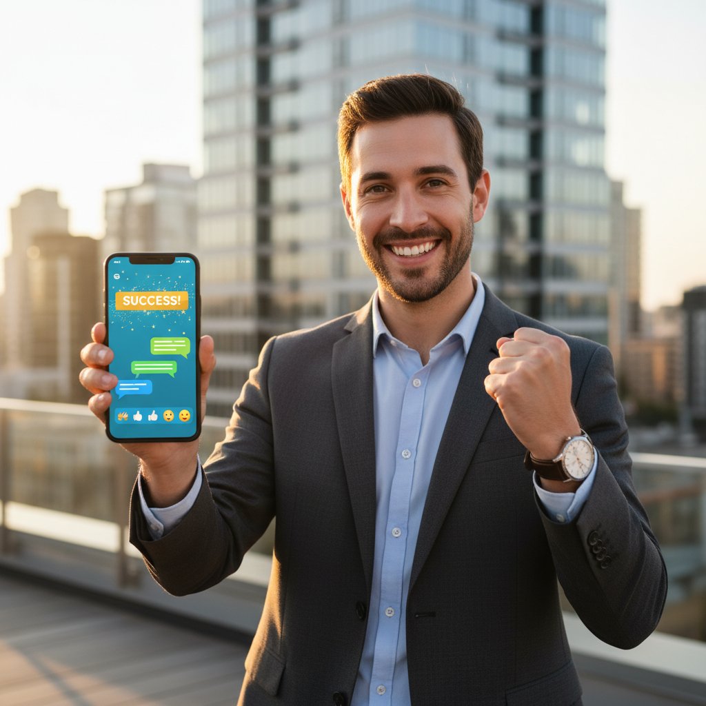 Osoba patrząca pewnie w ekran smartfona po udanej rozmowie online, satysfakcja i motywacja