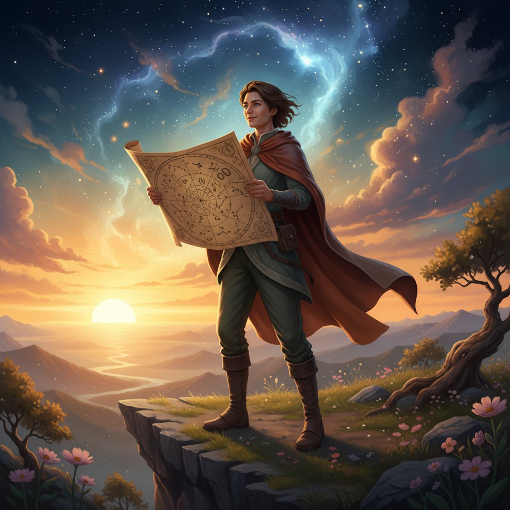 Osoba z mapą astrologiczną patrząca w przyszłość o wschodzie słońca, nadzieja i determinacja