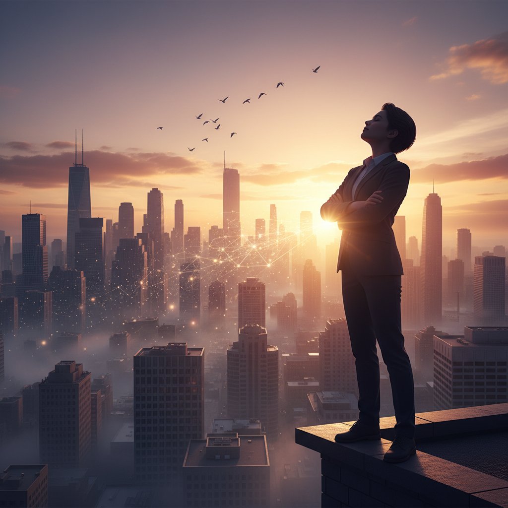 Osoba idąca pewnie ku wschodzącemu słońcu w mieście, symbolizująca nadzieję w poszukiwaniu wsparcia