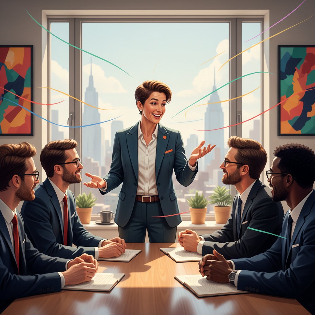 Osoba pewna siebie zawieszająca głos podczas burzliwej dyskusji, presja wśród liderów