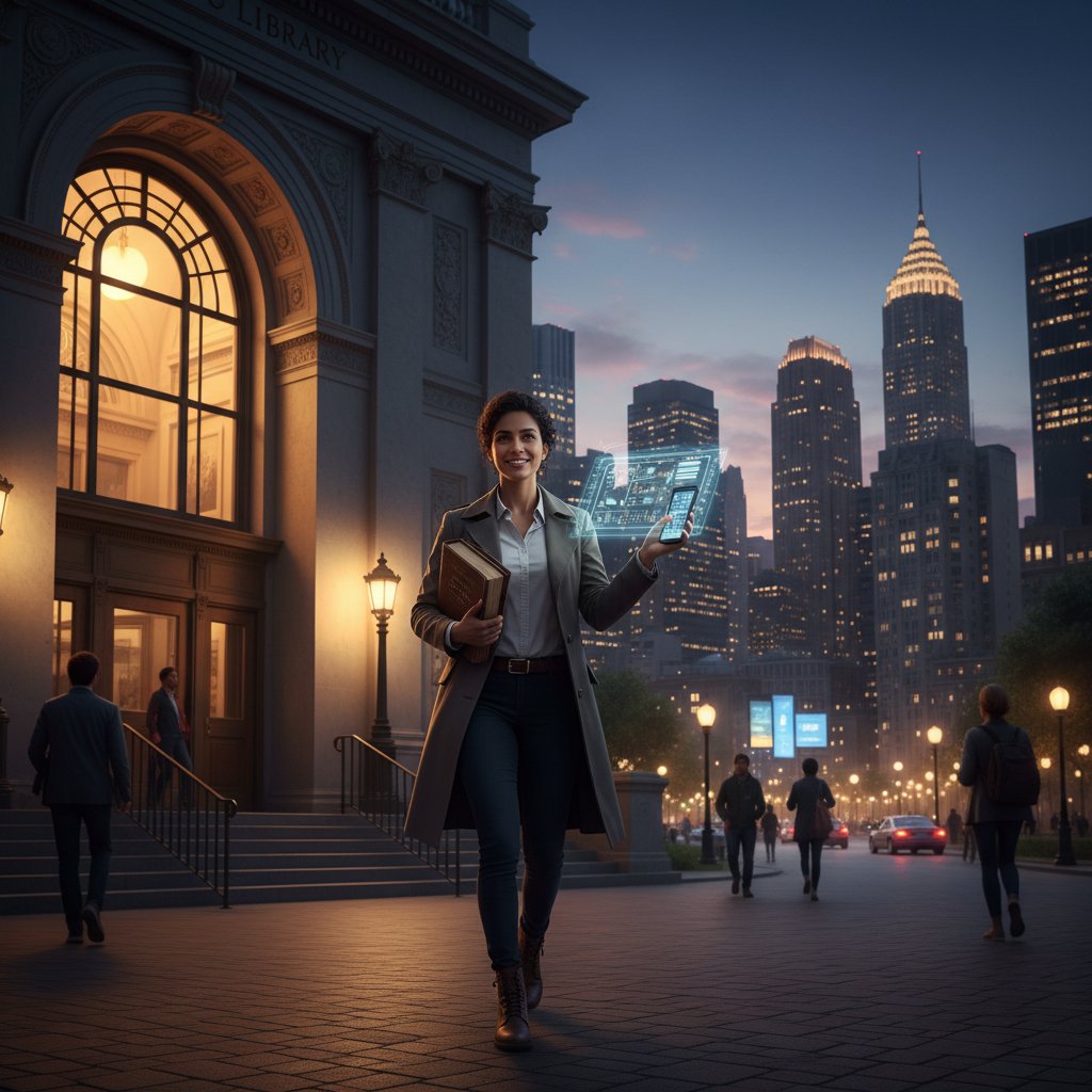 Pewna siebie osoba z książką historyczną opuszczająca bibliotekę.