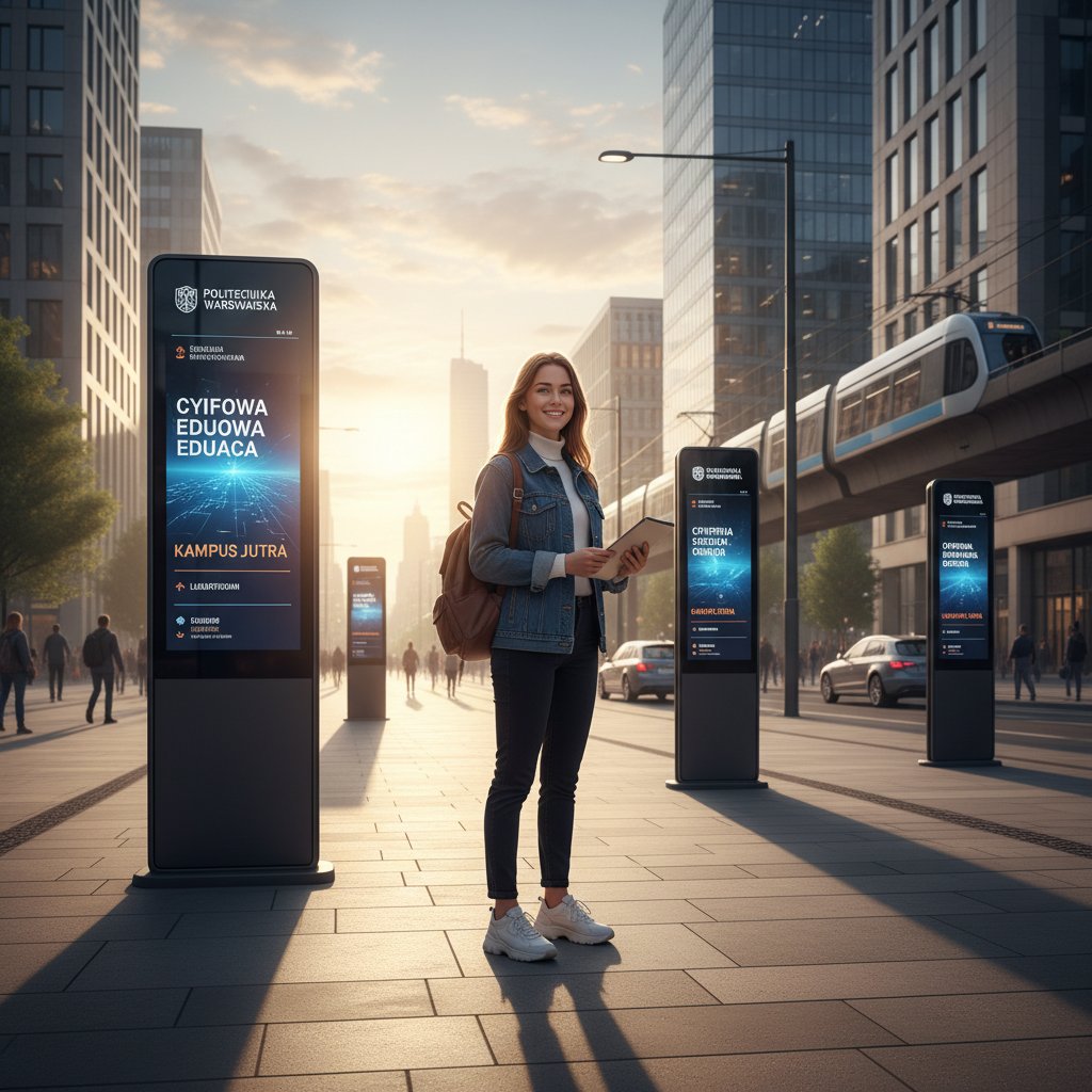 Pewny siebie polski uczeń stoi na skrzyżowaniu z cyfrowymi drogowskazami do różnych platform edukacyjnych, tło miasto o wschodzie słońca, 16:9