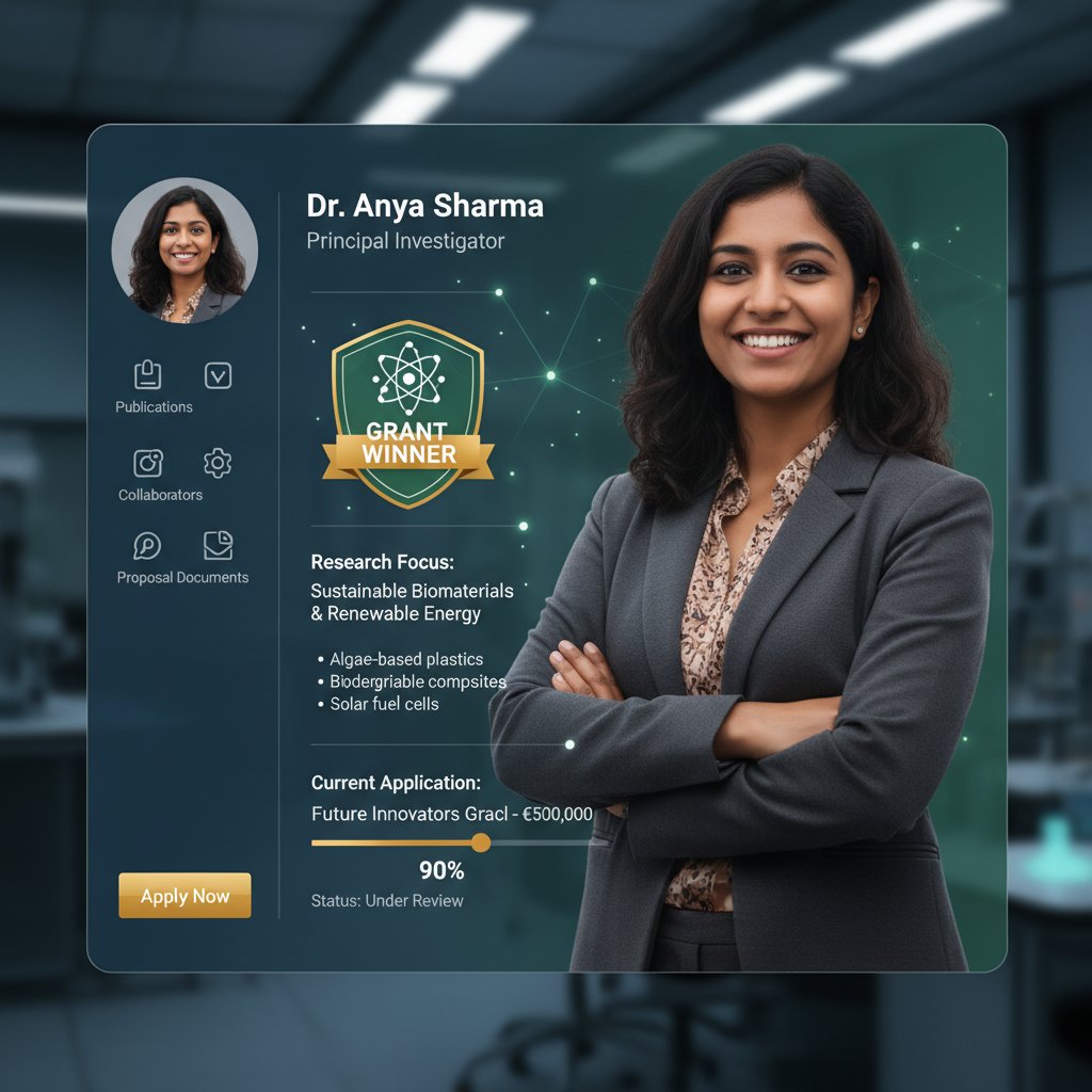 Confident researcher updating digital grant profile, modern workspace, blending personal brand with research achievements