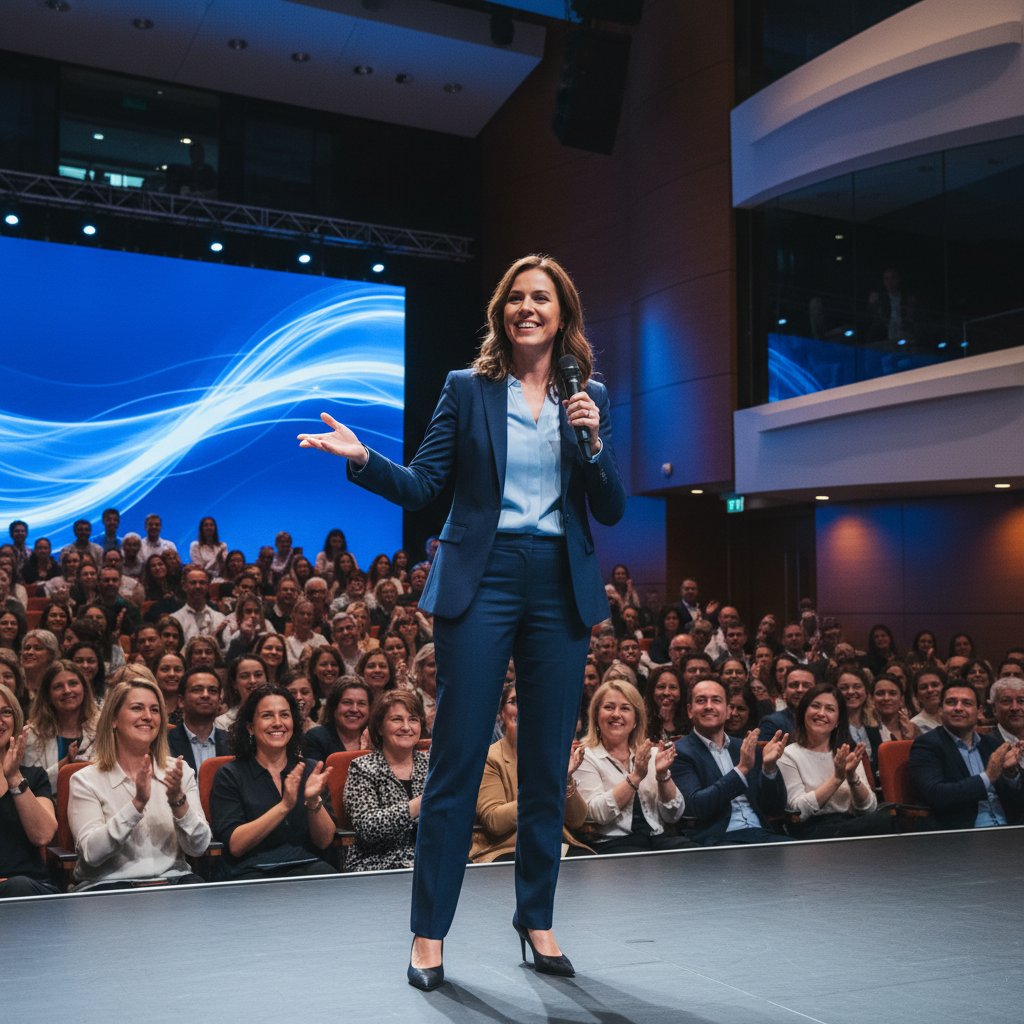 Pewny siebie mówca prezentujący przed publicznością, symbolizujący siłę poprawnej gramatyki