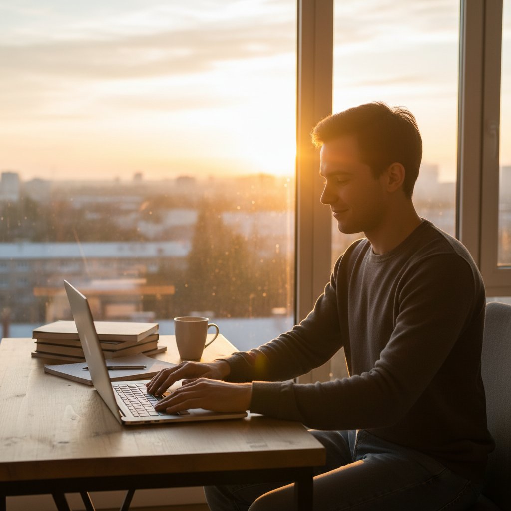 Pewny siebie student zamyka laptop po egzaminie zawodowym online, w tle wschód słońca i poczucie sukcesu