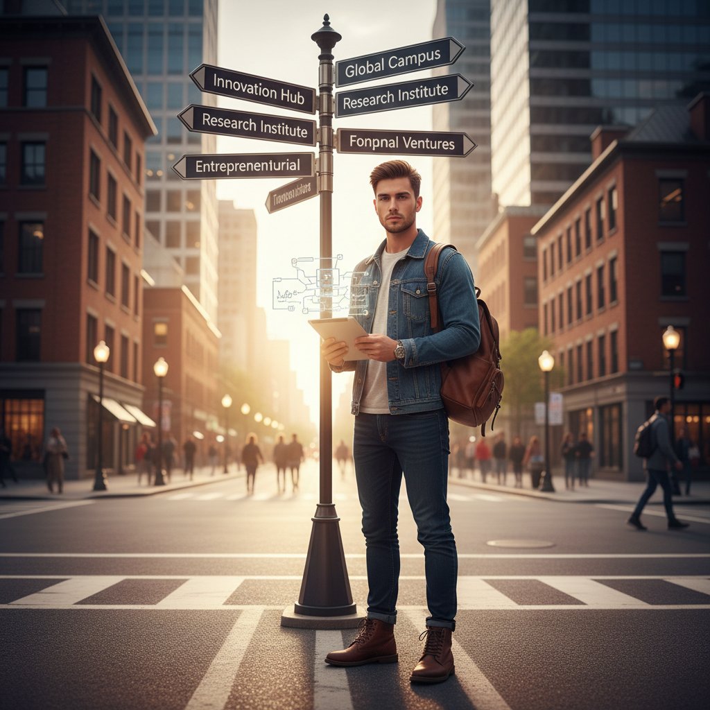 Selbstbewusster Schüler verlässt eine Weggabelung, Blick nach vorn