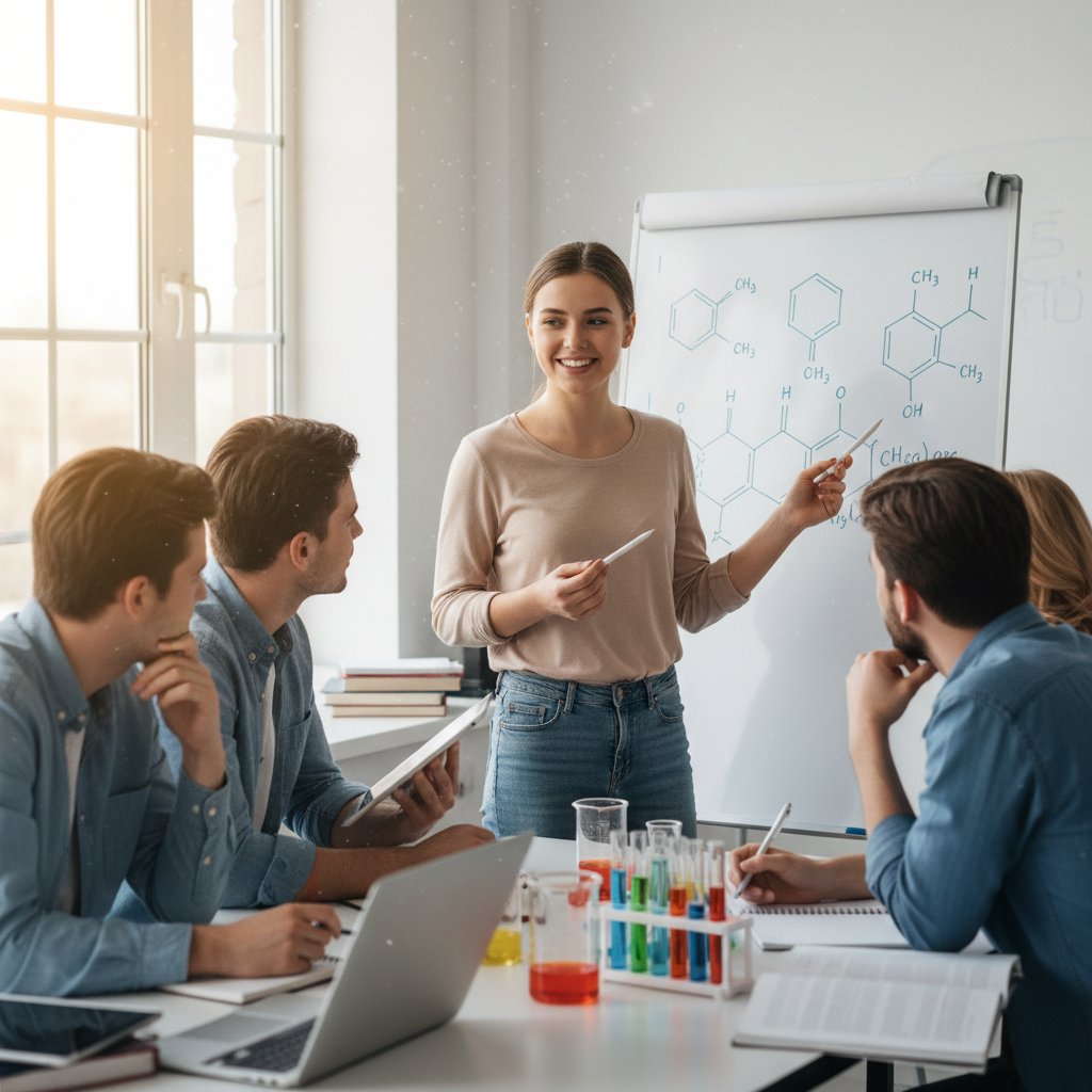 Uczeń pewnie tłumaczący reakcje chemiczne koleżankom – symbol opanowania tematu