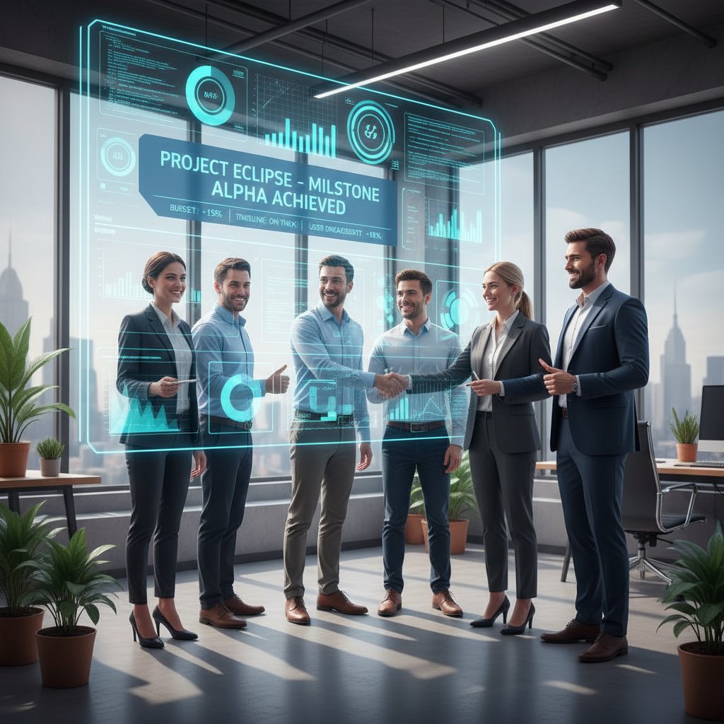 Confident enterprise team celebrating project milestone, digital documentation dashboards on display