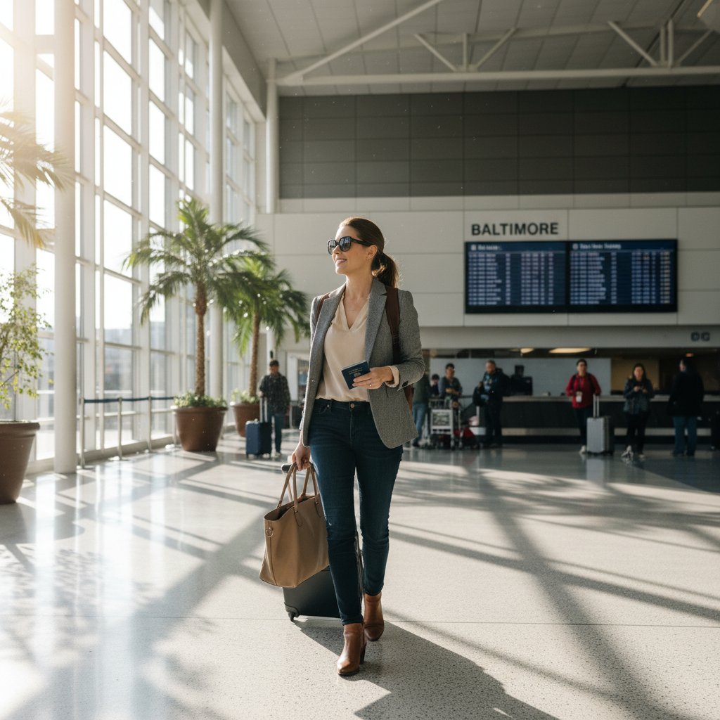 Confident traveler raising hands in victory at Baltimore airport arrival gate, bright morning light
