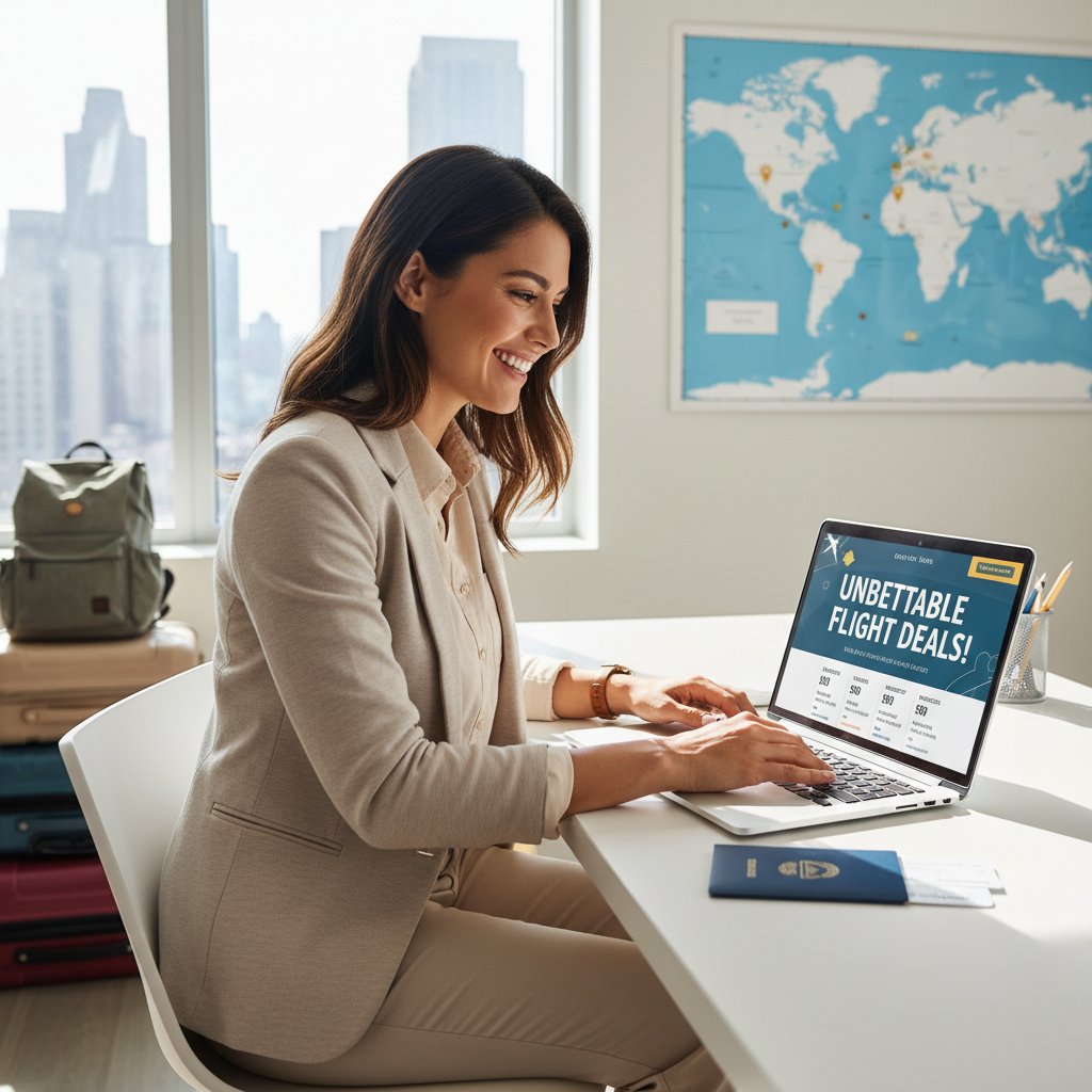 Traveler confidently researching flight deals on laptop in cozy home office, feeling empowered