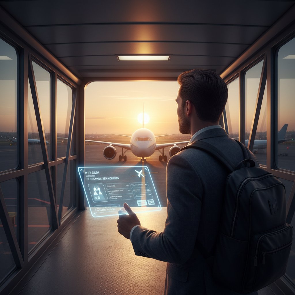 Confident traveler stepping onto a jet bridge, sunrise in background, sense of possibility, personalized flight booking