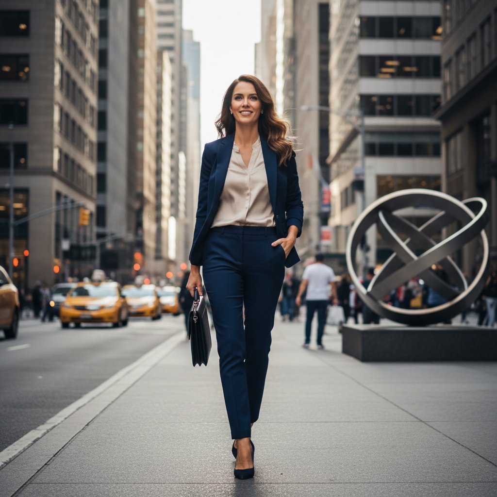 Pewna siebie kobieta w profesjonalnej stylizacji, idąca ulicą miasta, z uśmiechem