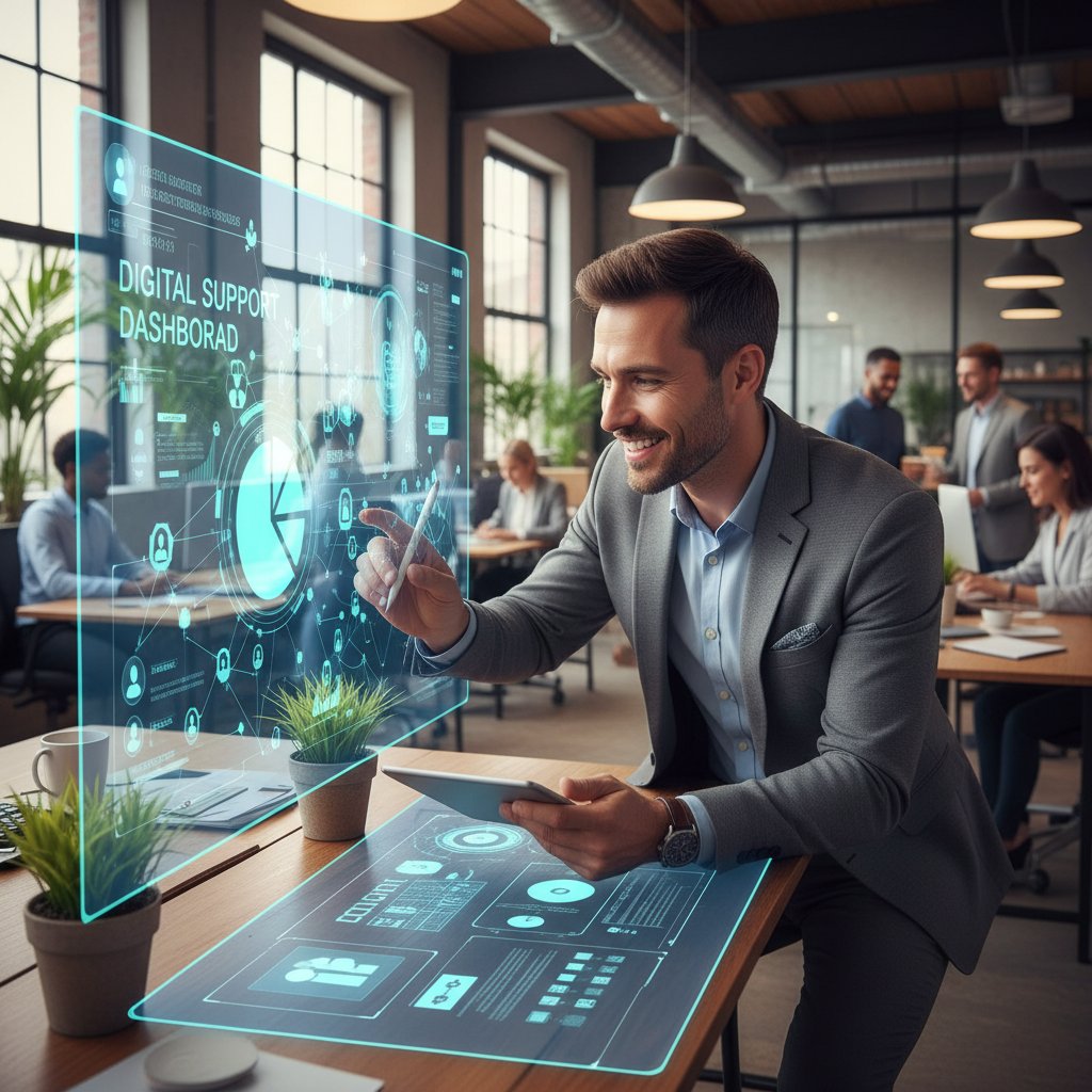 Confident worker quickly resolving an issue with a digital support interface, energetic office, support information at their fingertips