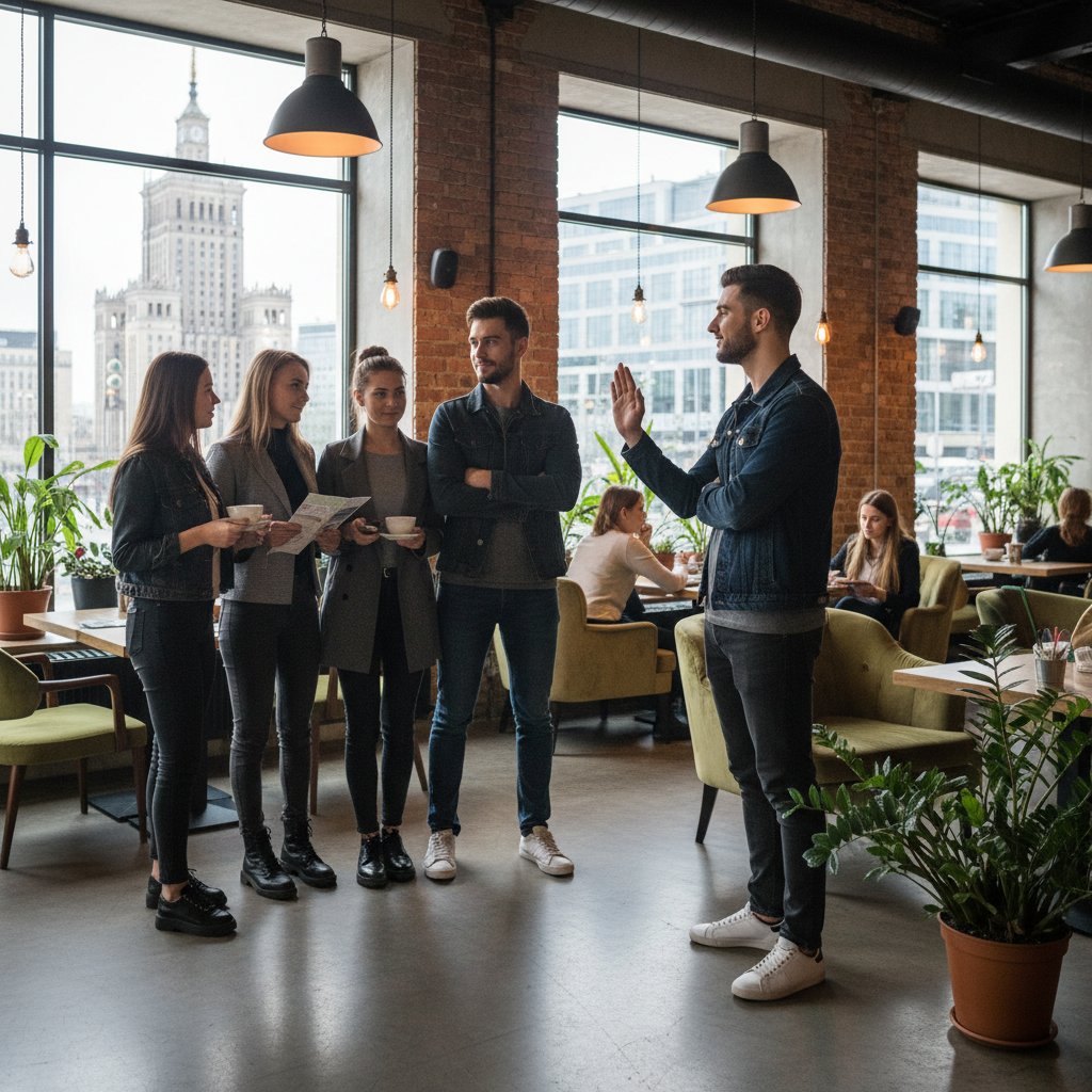 Asertywność w praktyce – młody mężczyzna spokojnie odmawia zaproszenia w zatłoczonej kawiarni, Warszawa