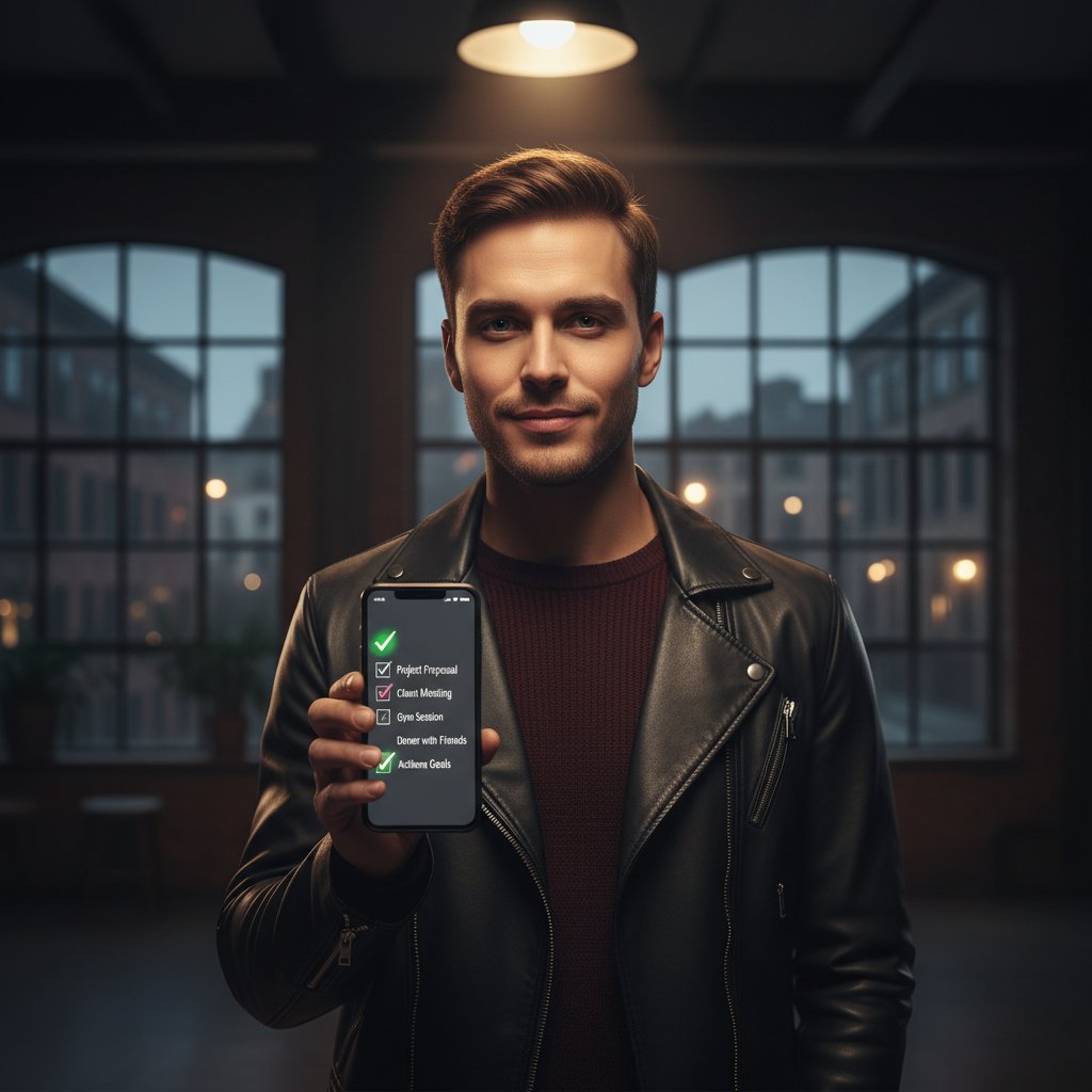 Checklist do flirtu online – pewna siebie młoda osoba z telefonem i listą kontrolną