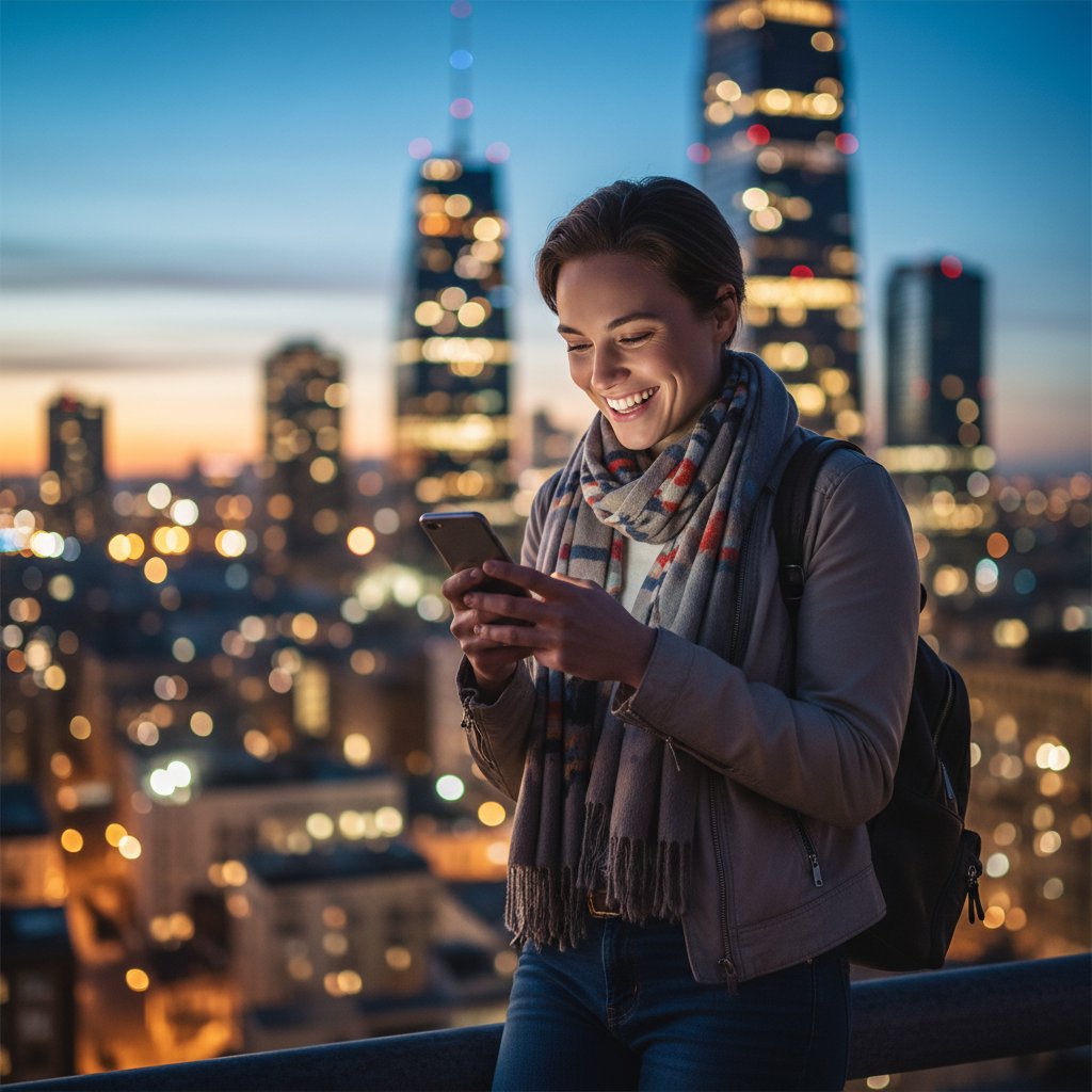 Odwaga do poznawania nowych osób przez aplikacje w polskim mieście – młoda osoba, telefon, światła miasta