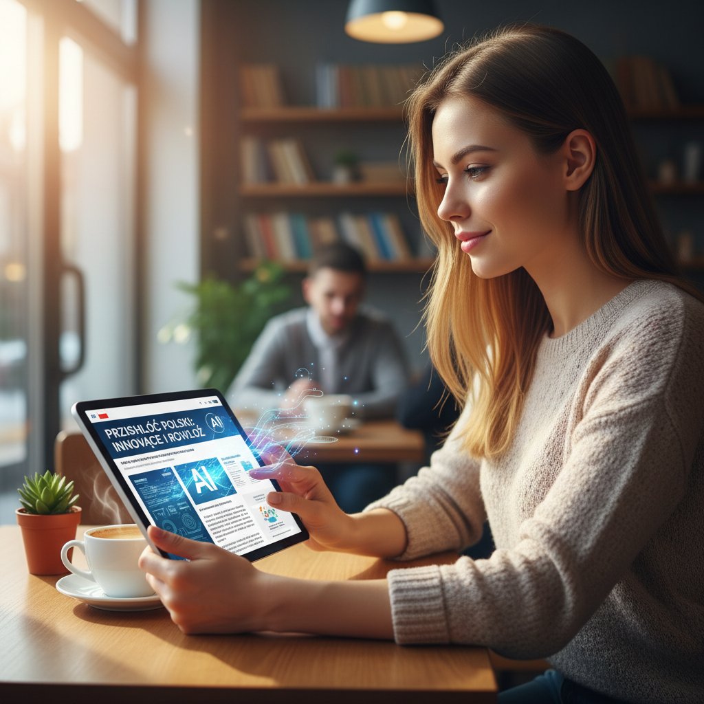 Świadomy odbiorca czytający felietony generowane przez AI.