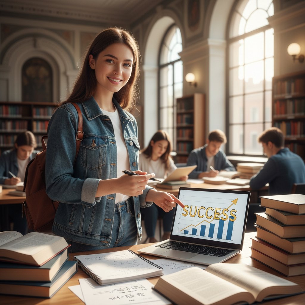 Sukces po zmianie techniki nauki – portret pewnej siebie studentki z notatkami, światło dzienne, optymizm