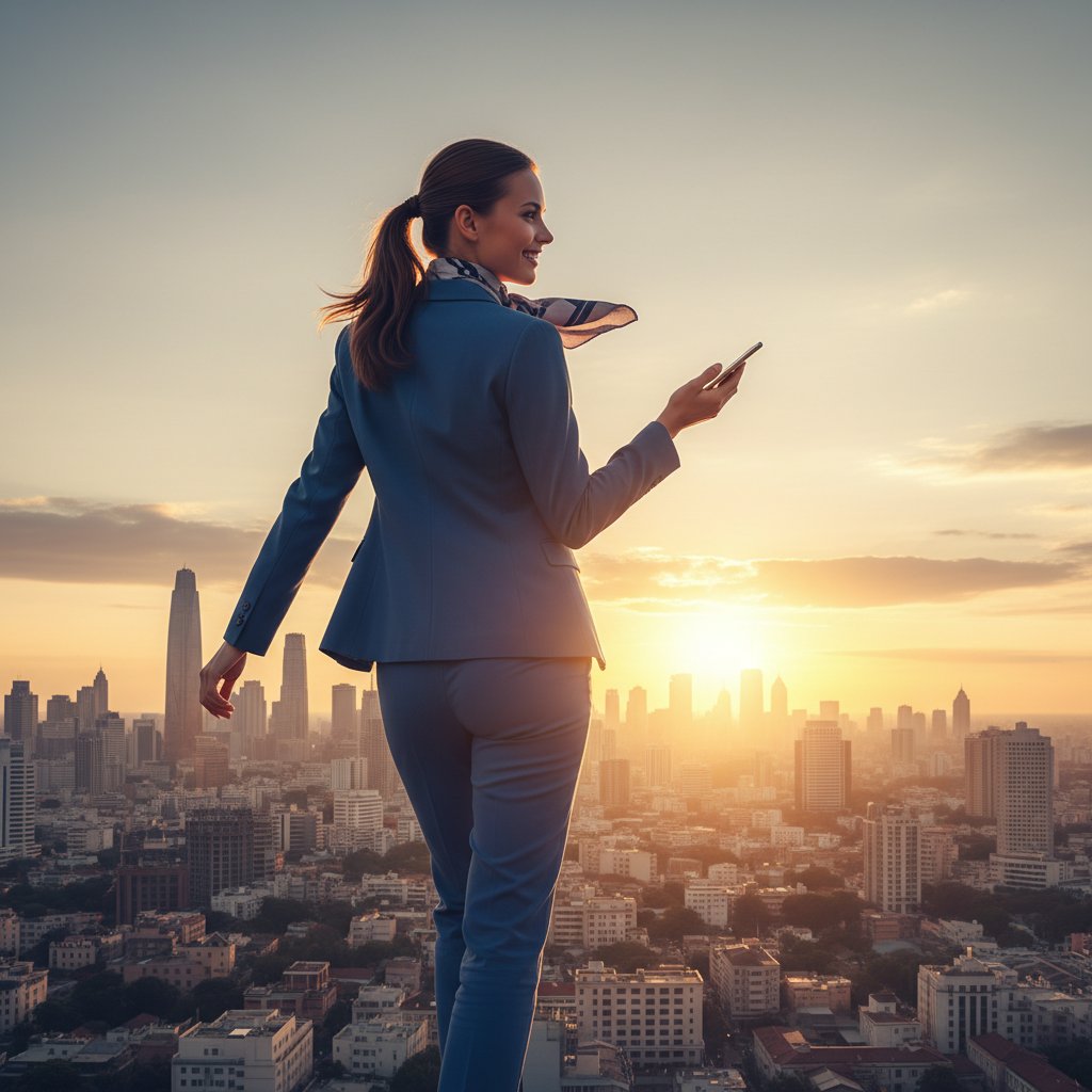 Pewna siebie młoda kobieta odchodząca od telefonu o wschodzie słońca, miejski krajobraz, zwycięski nastrój, słowa kluczowe: flirt przez sms, pewność siebie