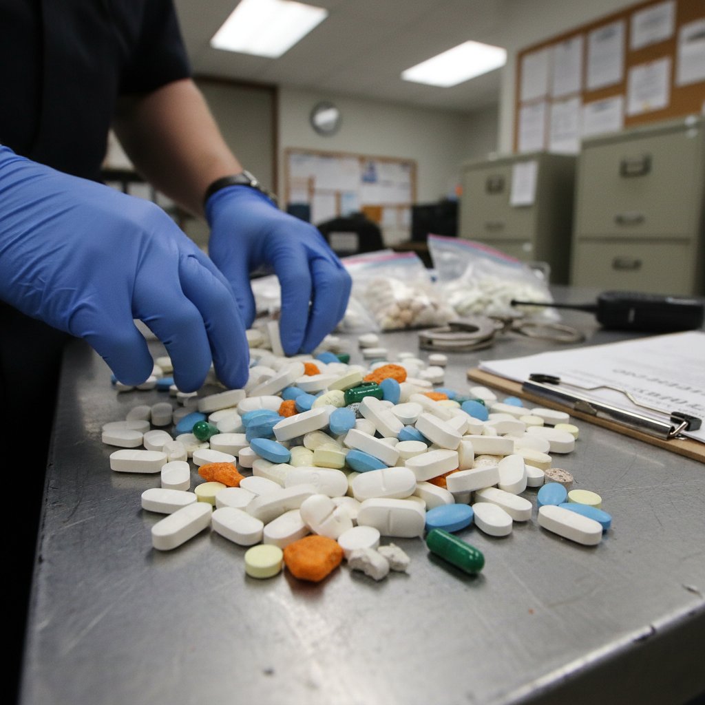 Stos podrabianych leków nasennych skonfiskowanych przez policję na stole