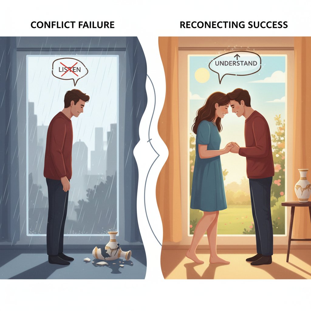 Split-screen of two couples in conflict and emotional reconnection, showing different outcomes of empathy