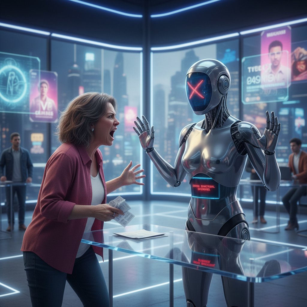 Sytuacja kryzysowa: klient rozmawiający z AI i z ludzkim konsultantem, emocje na twarzach