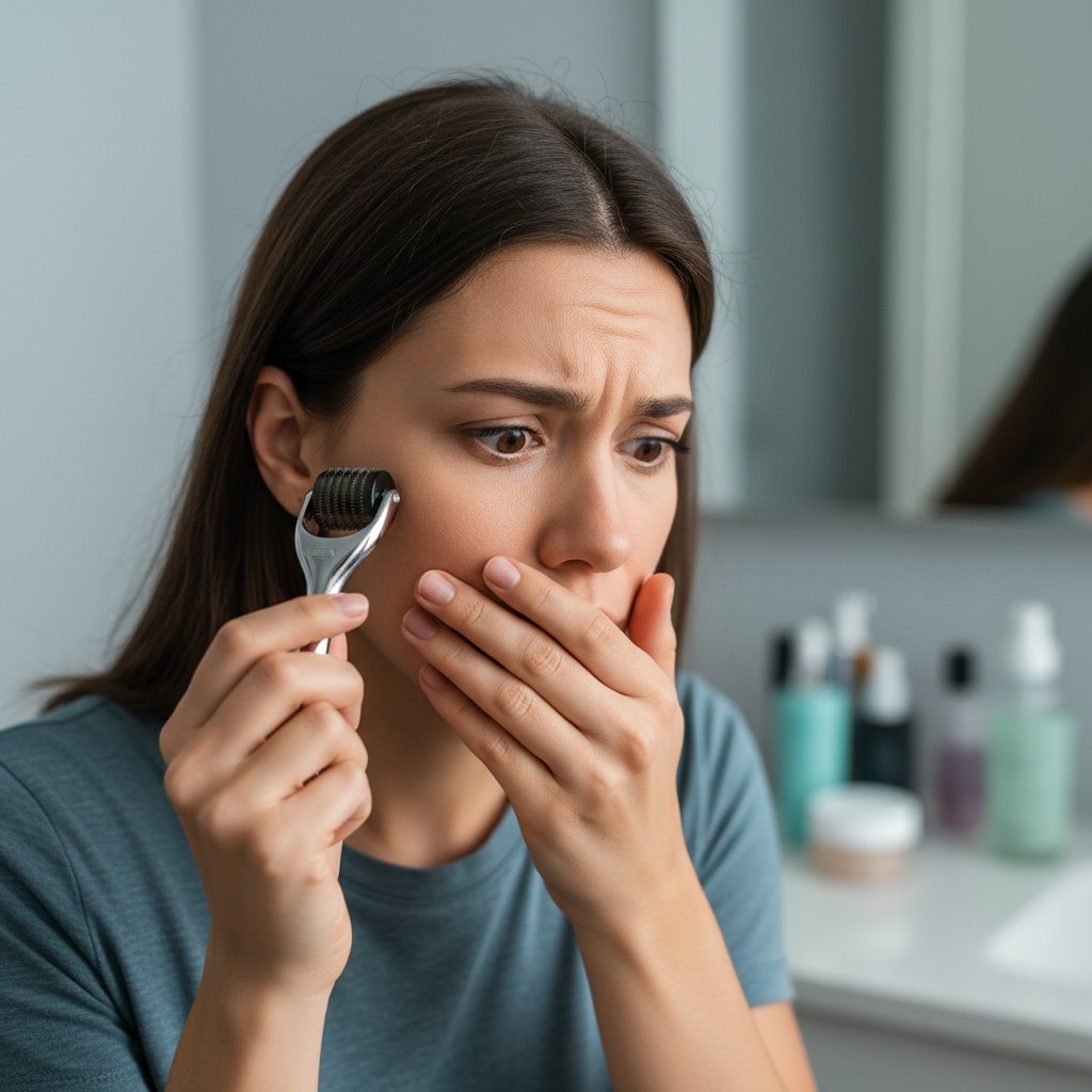 Wątpliwości i ryzyka związane z użyciem dermarollera – osoba trzymająca urządzenie, zamyślona mina