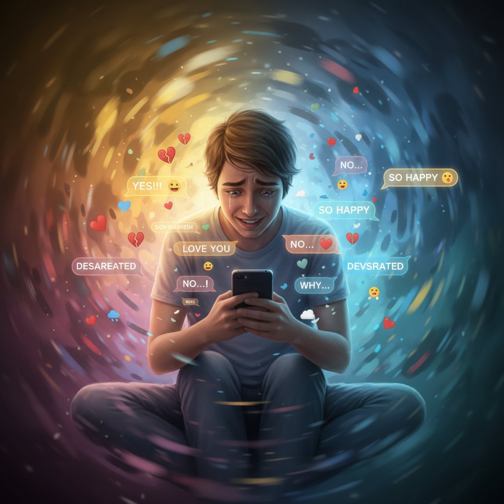 Person looking conflicted as they text, showing emotional highs and lows, modern photo, emotional neuroscience, first-time relationship advice